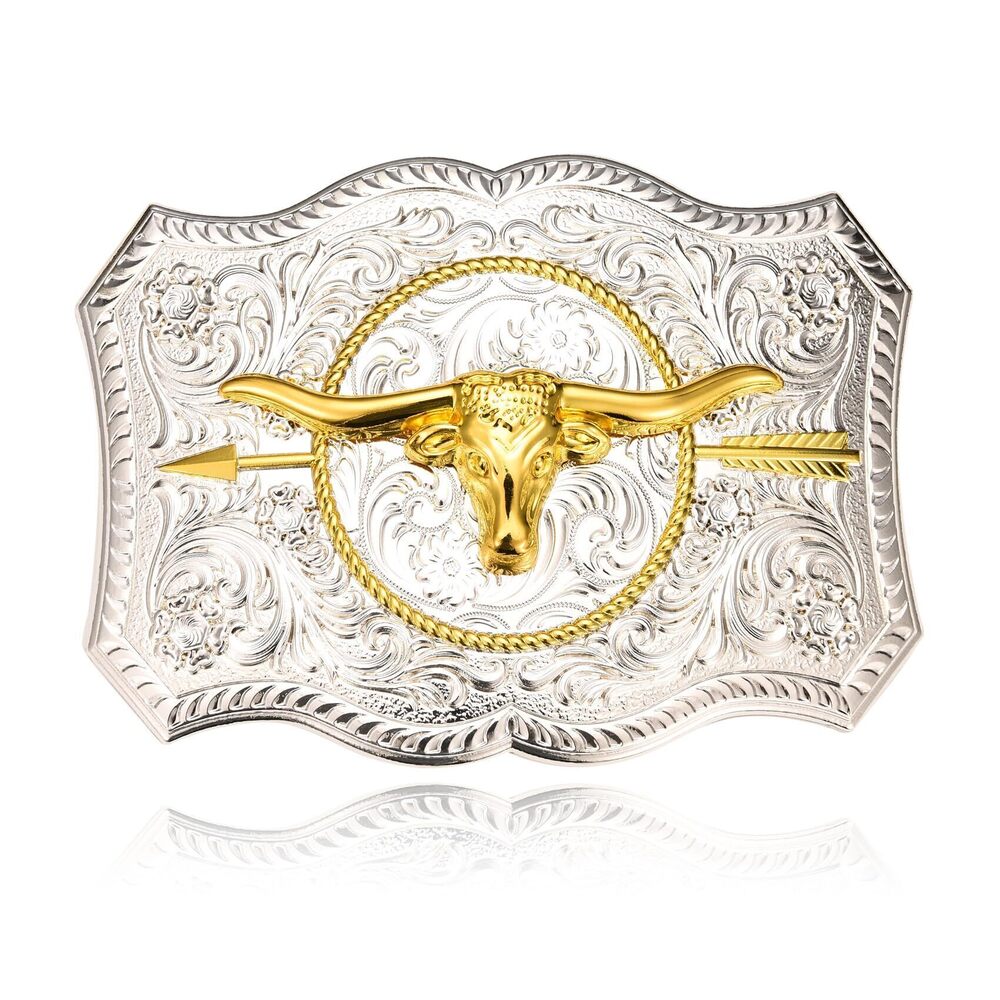4346 Western American Belt Buckle Silver Golden Texas Longhorn Belt Buckles
